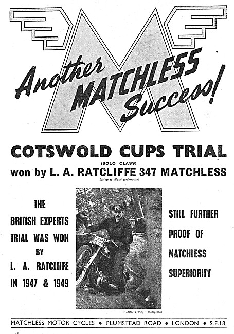 Matchless Motor Cycle Succeses At 1950 Cotswold Cups Trial       