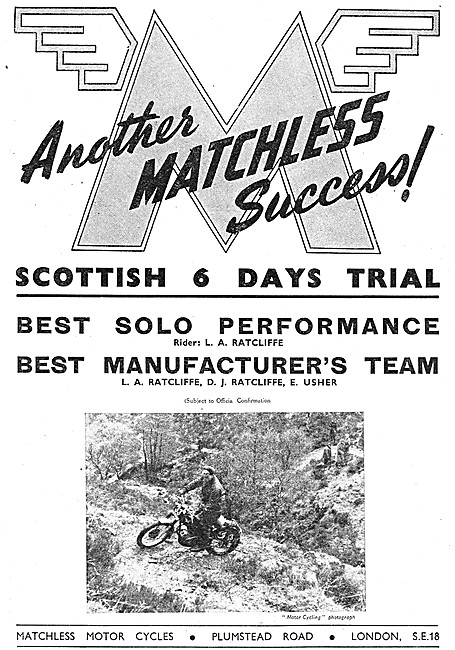 Matchless Motor Cycle Successes In 1950 Scottish Six Days Trial  