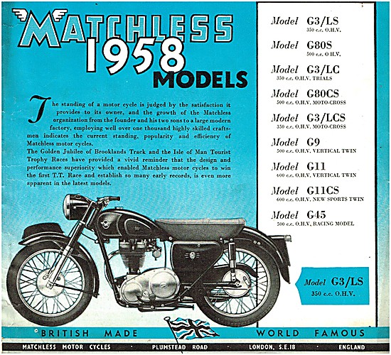 The Matchless Motor Cycle Range For 1958                         