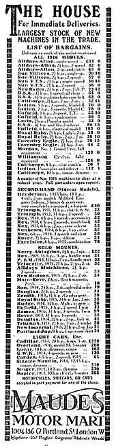 Maudes Motor Mart Motorcycle Sales & Service 1916 Advert         