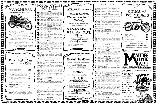 Maudes Motor Mart Motorcycle Sales 1921 Advert With Store List   