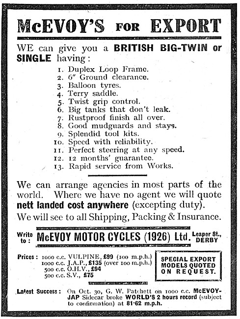 1926 McEvoy 1000cc Vulpine Motor Cycles                          