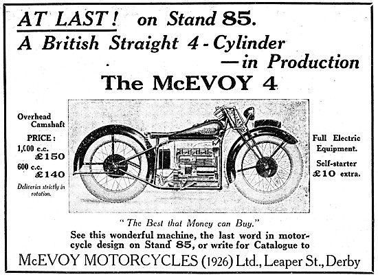 The 1000 cc McEvoy OHC Straight Four Cylinder Motor Cycle        