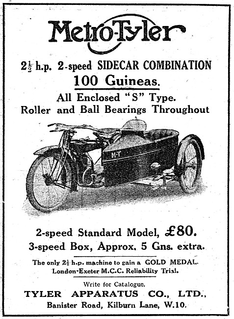 1921 2.5 hp 2-Speed Metro-Tyler Motor Cycle Sidecar Combination  