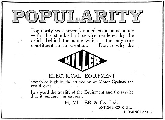 Miller Motor Cycle Electrical Equipment                          
