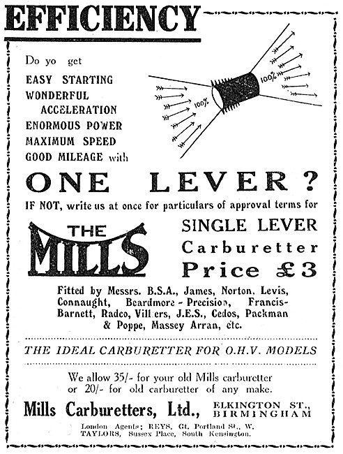 Mills Carburetters - 1924 Mills Single Lever Carburetter         