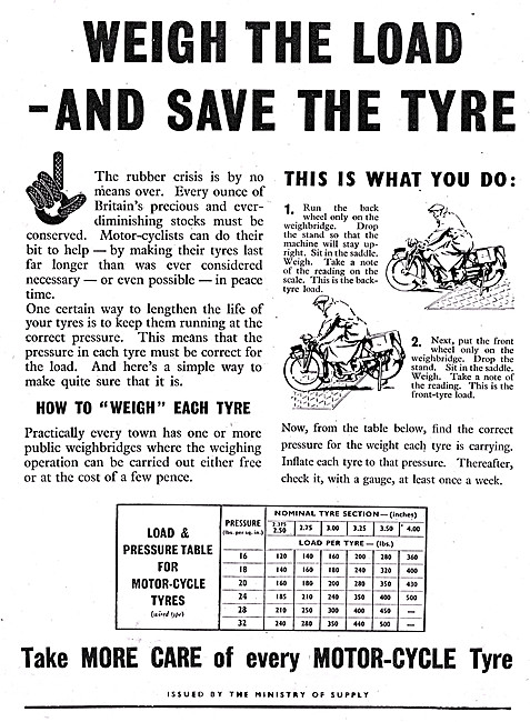 1944 Ministry Of Supply Information Notice. Tyre Pressures       