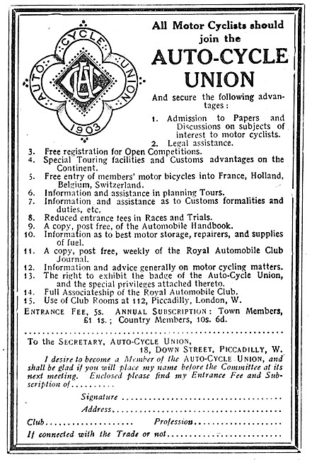 ACU. Auto-Cycle Union 1908 Advert                                