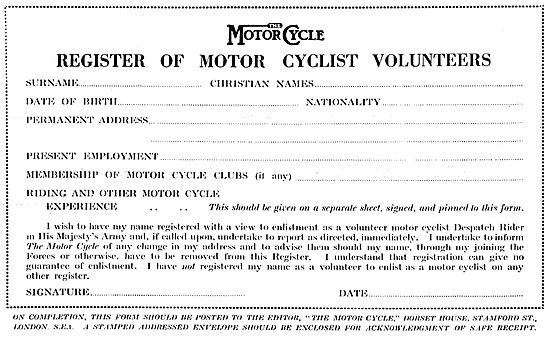 The Motor Cycle Register Of Motor Cyclist Volunteers 1939        