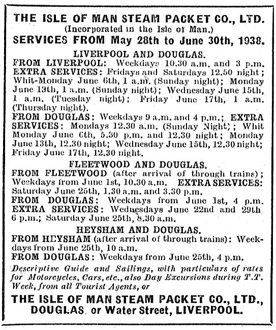 The Isle Of Man Steam Packet Co Ltd. TT Week Timetable 1938      