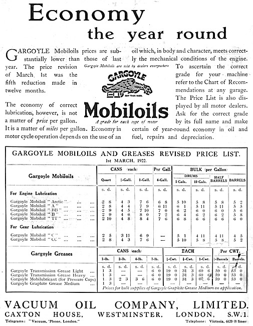 Gargoyle Mobiloils & Greases 1922 Advert                         
