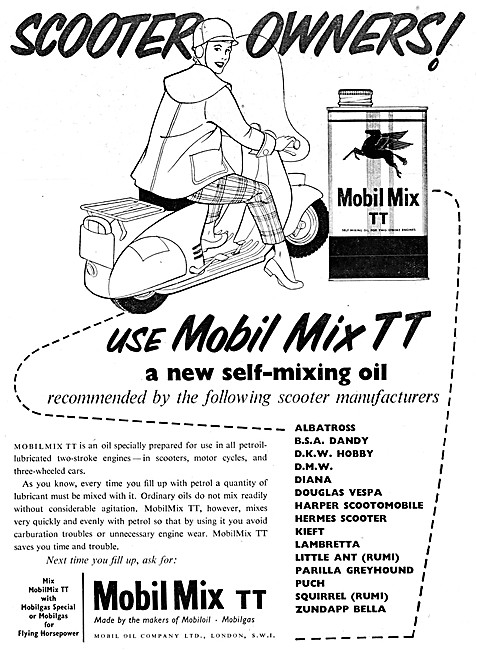 Mobilgas Petrol - Mobiloil Motor Oil - Mobilmix TT Two-Stroke Oil