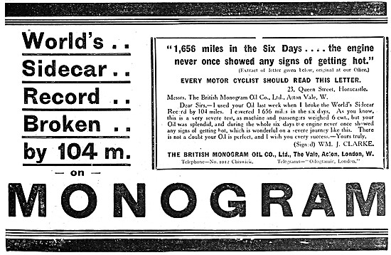 Monogram Motorcycle Oil 1912 Advert                              