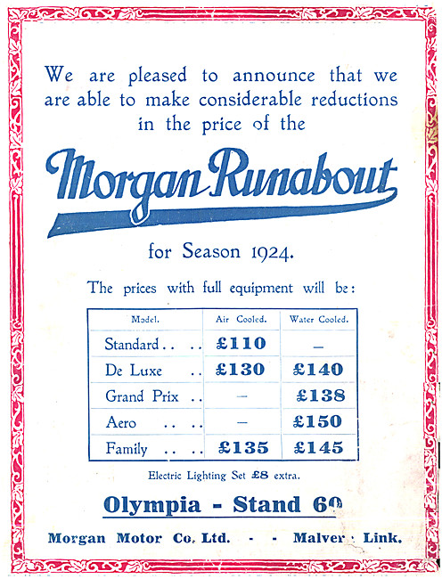 Morgan Three Wheller Model Range For 1923 - Morgan Standard      