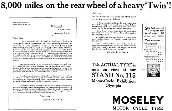 Moseley Motor Cycle Tyres 1921 Advert                            