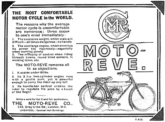 2 hp Moto-Reve Motor Cycle Advert 1908                           