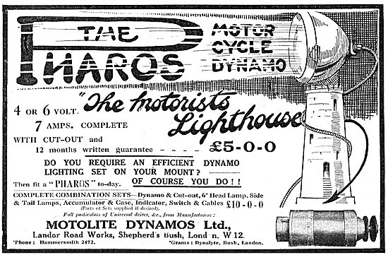1923 Motolite Pharos Motorcycle Dynamo Lighting Set              