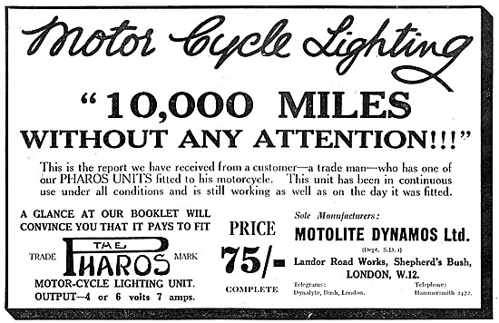 1923 Motolite Pharos Motor Cycle Lighting Set                    
