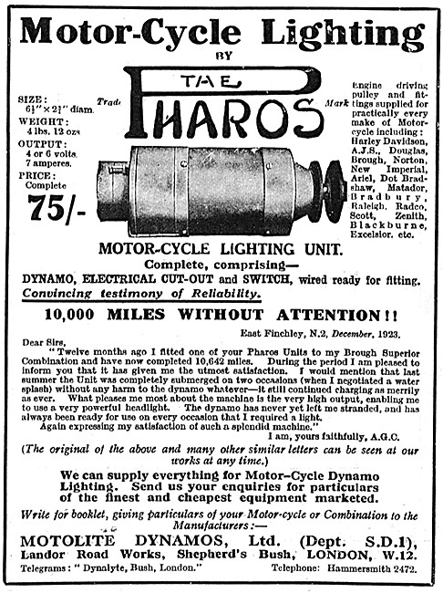 Motolite Pharos Dynamo Motor Cycle Lighting Set                  