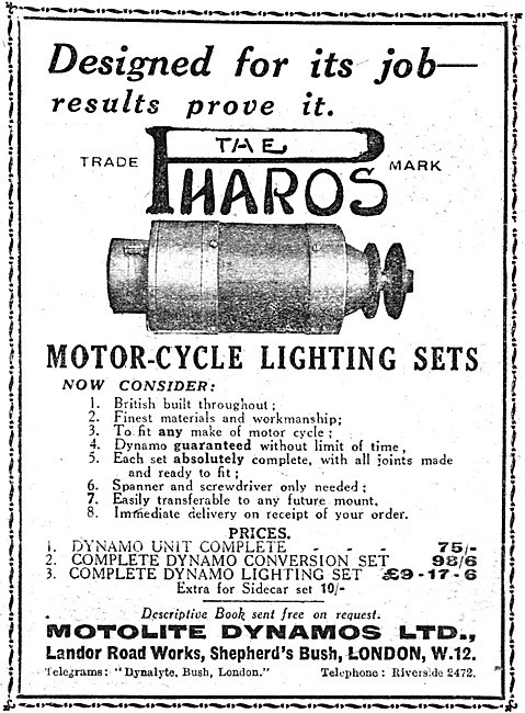 1925 Motolite Pharos Motorcycle Dynamo Lighting Sets             