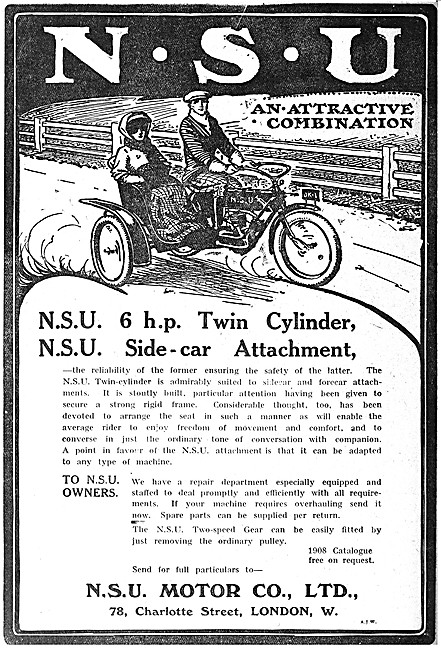 1908 NSU 6 hp Twin Motor Cycle With Sicecar                      