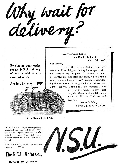 1908 N.S.U. Motor Cycle Advert                                   