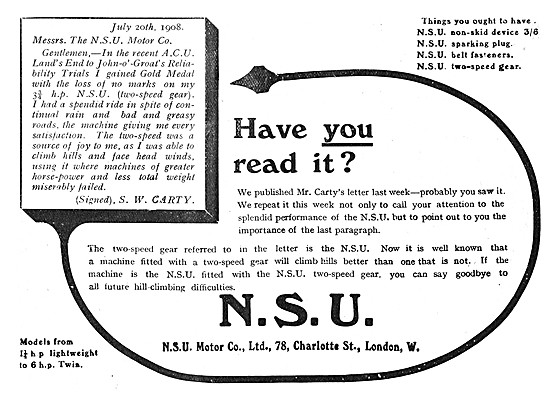 1908 NSU Motor Cycle Advert                                      
