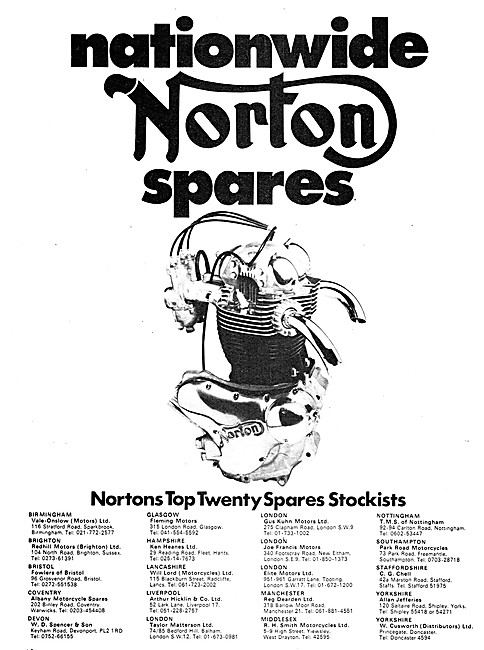 Norton Motorcycle Spares Stockists 1974 Listing - NVT Motorcycles