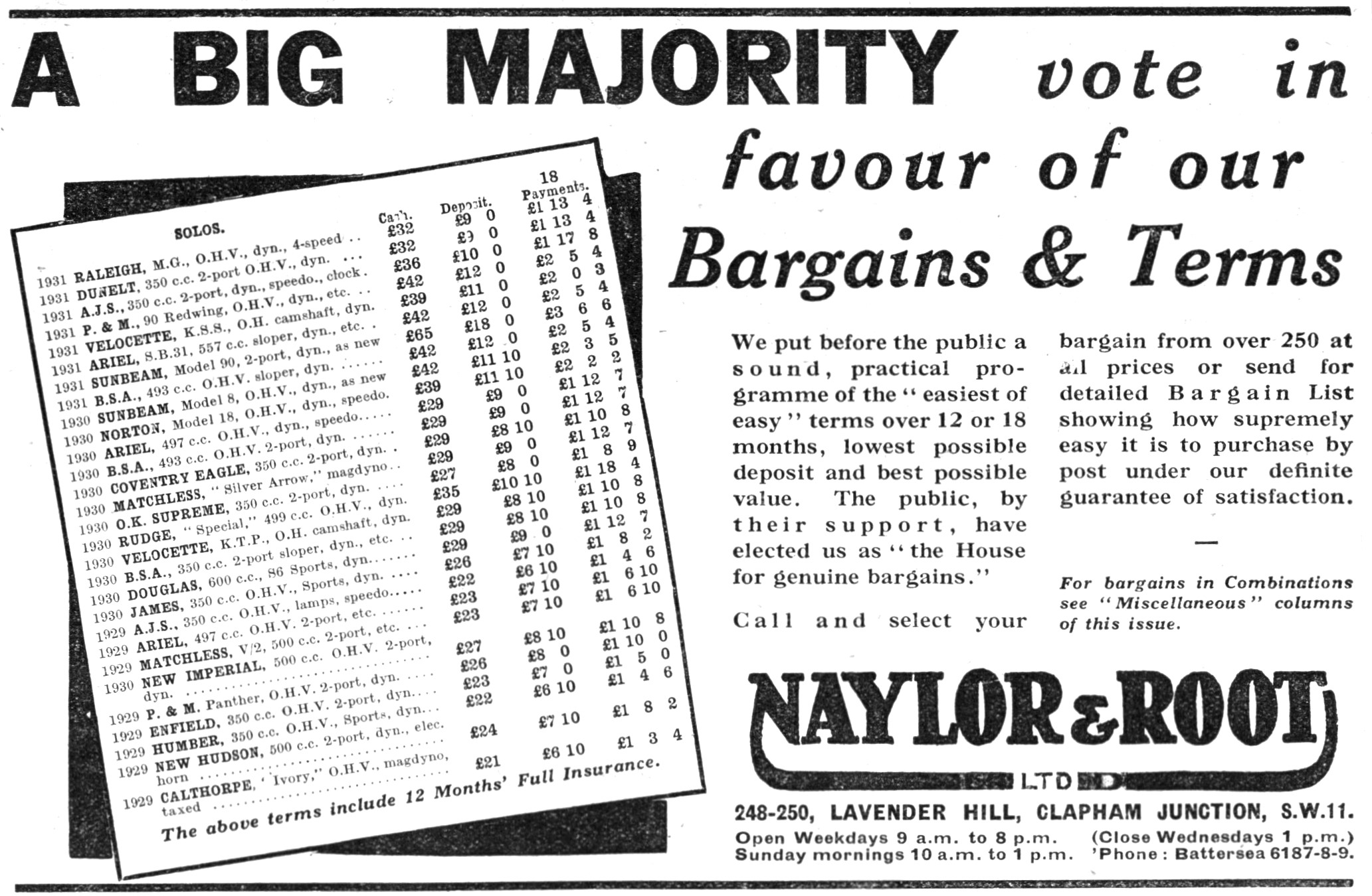 Naylor & Root Motor Cycle Sales. Clapham Junction 1931 Advert.   
