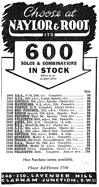 Naylor & Root Motor Cycle Sales & Service 1946 Advert            