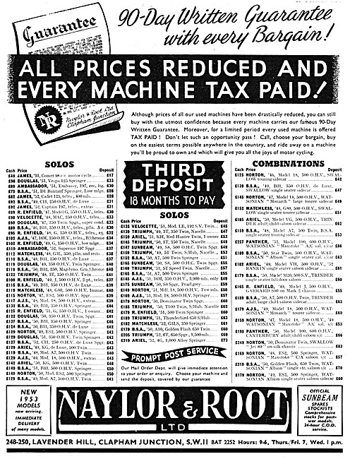 Naylor & Root Motor Cycle Sales. 1952 Advert                     