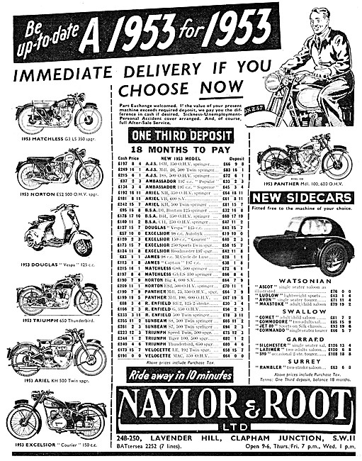 Naylor & Root Motor Cycle Sales 1953 Advert                      
