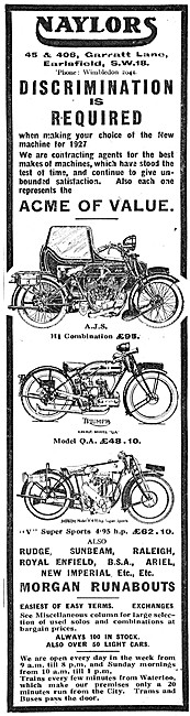 Naylors  Motor Cycle Sales & Service 1927 Advert                 