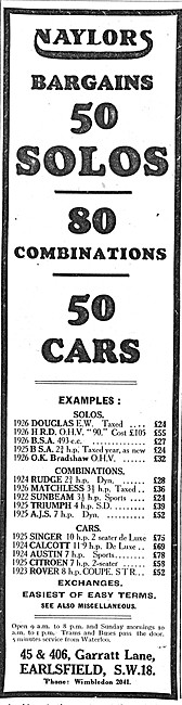 Naylors  Motor Cycle Sales & Service 1927 Advert                 