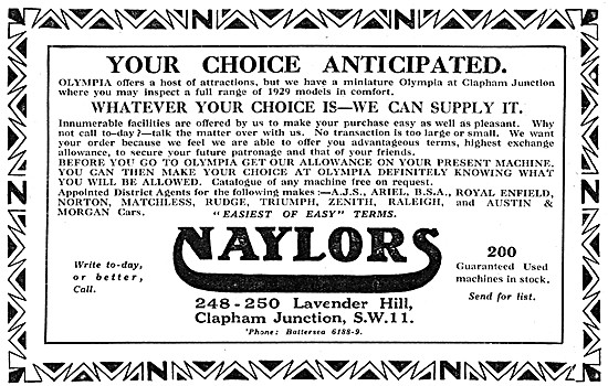 Naylors  Motor Cycle Sales. Lavender Hill Clapham Junction. 1928 