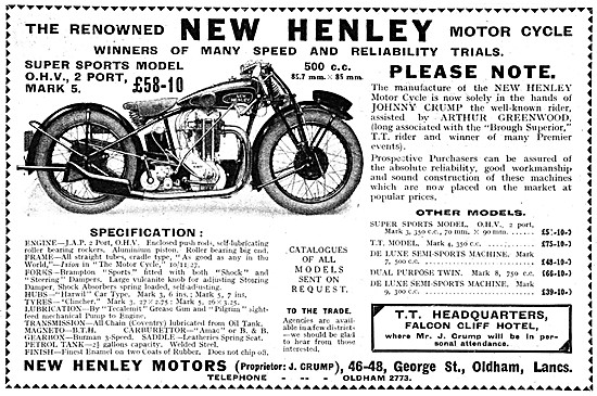 New Henley - JAP  Mark 5 Twin Port OHV Motorcycles 1929          