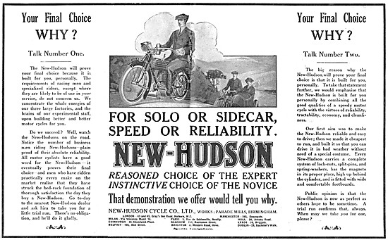 1913 New Hudson Motor Cycles Advert                              