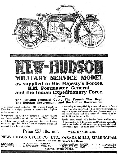 1914 New-Hudson Military Service Model Motor Cycle               