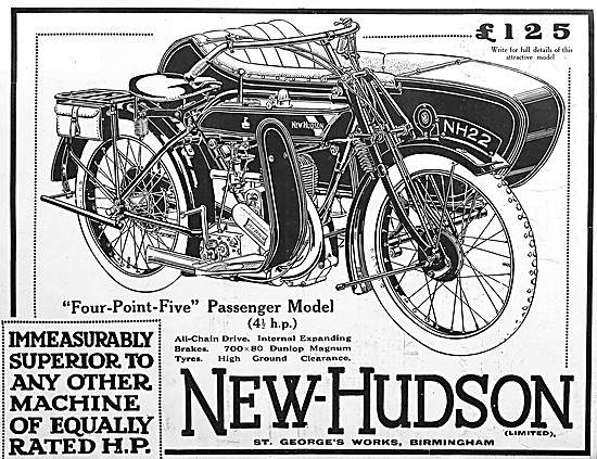 New Hudson Four-Point-Five Motor Cycle Combination 1921 Advert   