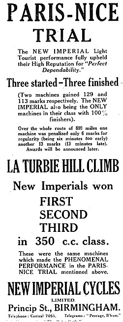 New Imperial Motor Cycles 1920 Paris-Nice Trial Success          
