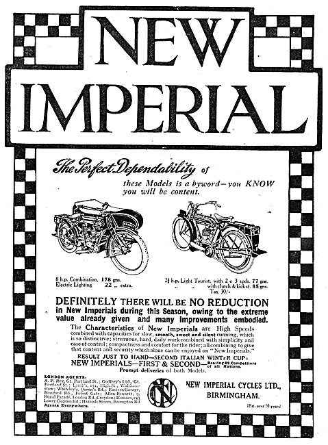 1921New Imperial 8hp Motorcycle Combination. 2.5hp Light Tourist 