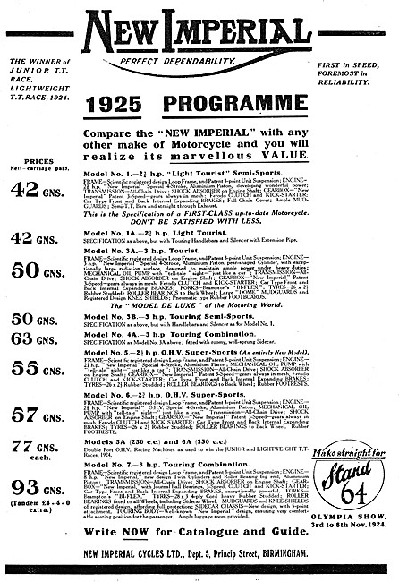 New Imperial Motor Cycles Range & Price List 1925                