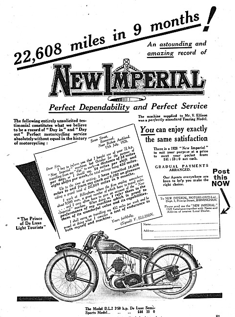 1928 New Imperial DL2 3.5 hp de Luxe Semi-Sports Motor Cycle     