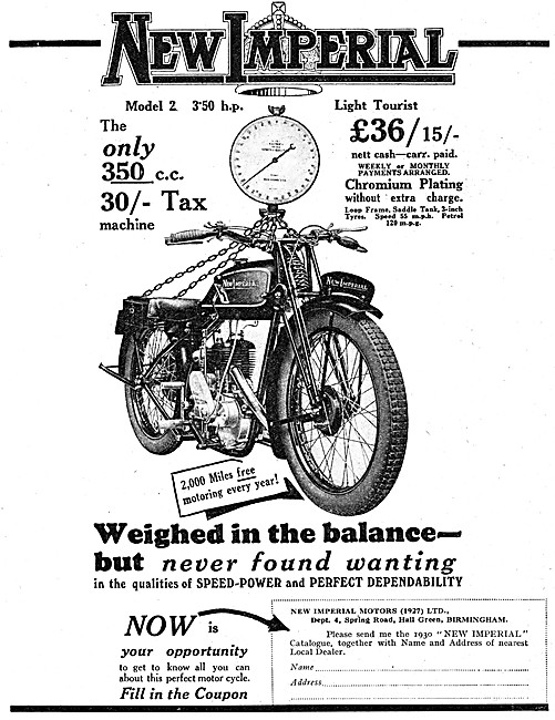 New Imperial 3.5 hp Model 2 Motor Cycle 1930 Advert              