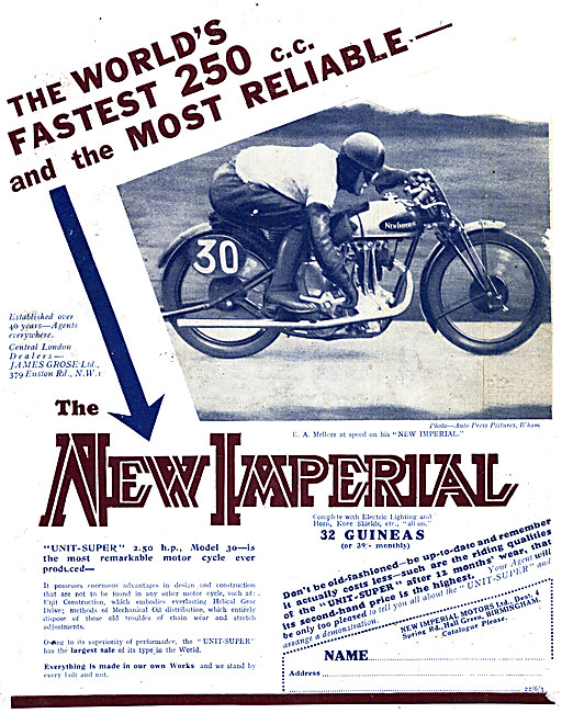 1933 New Imperial Unit-Super 250 cc 2.5 hp Motor Cycle           