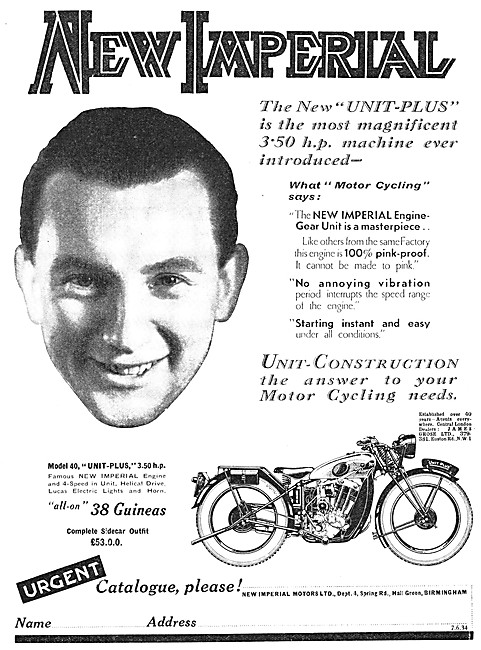 1934 New Imperial 3.5 hp Unit-Plus Motor Cycle                   