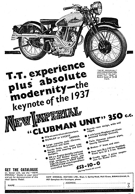 New Imperial Clubman Unit 35 Motor Cycle 1937                    