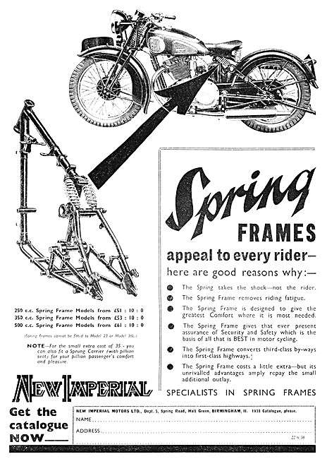 The 1938 New Imperial Spring Frame Motor Cycle Range             