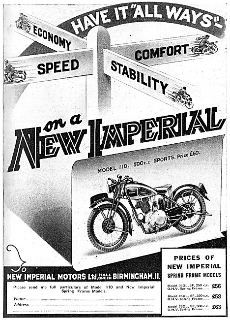 1939 New Imperial Model 110 500 cc Sports Motor Cycle            