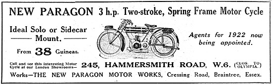 New Paragon Motor Cycles 1921 Advert                             